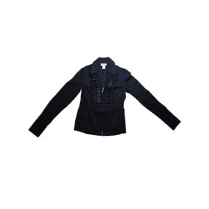 Y2K Women's Heine Black Blouse Sz 8 Ruffle Rhinestone Zipper Detail